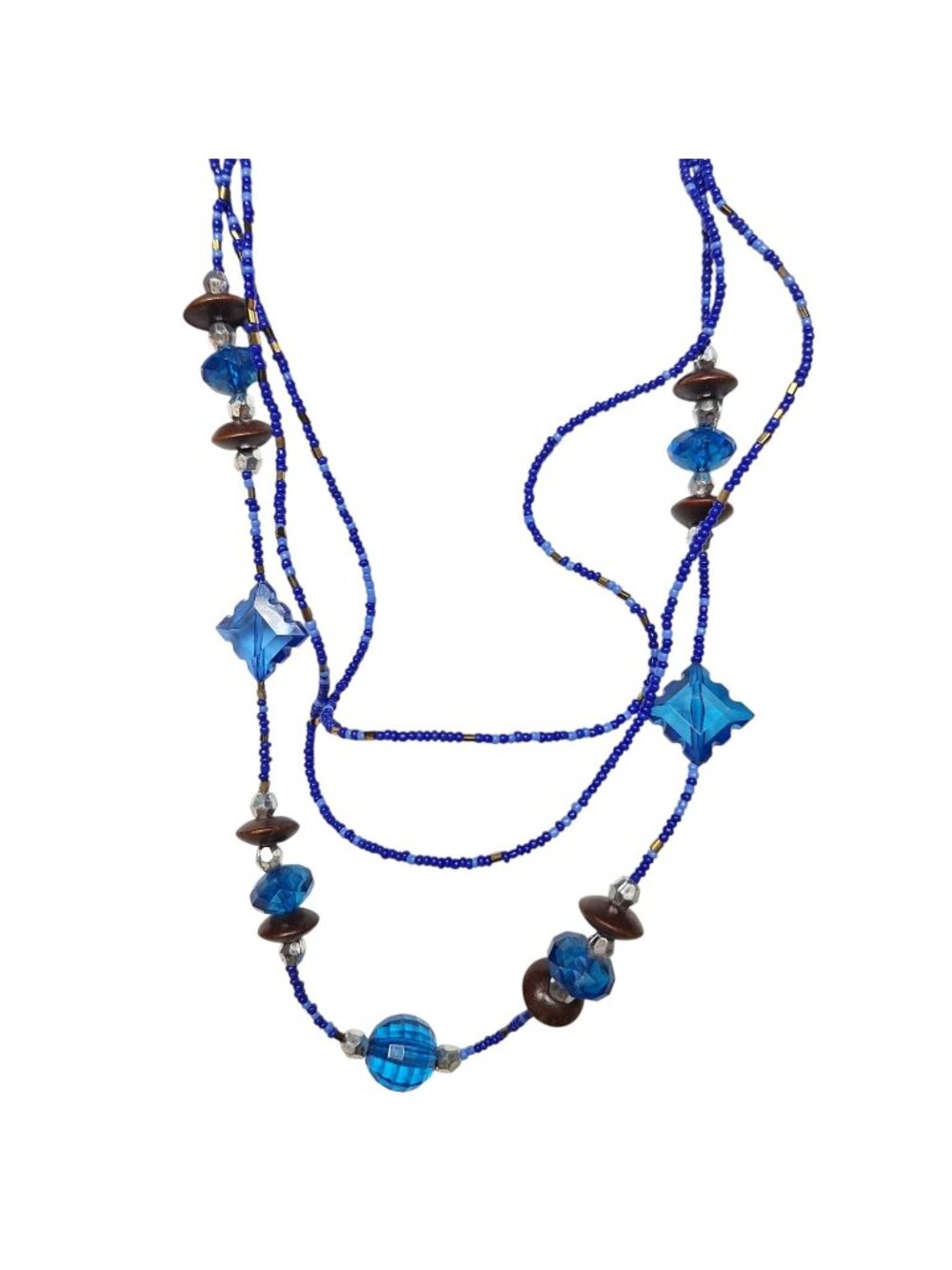 Vintage Blue Beaded Strand Necklace Boho Y2K Multi Strand Crystal Wood Beads